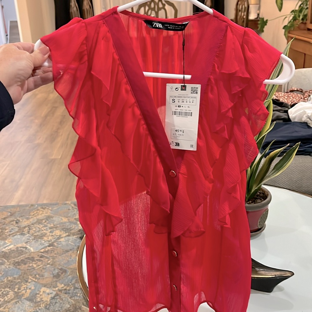 NWT Sheer Zara frilly top Sz S